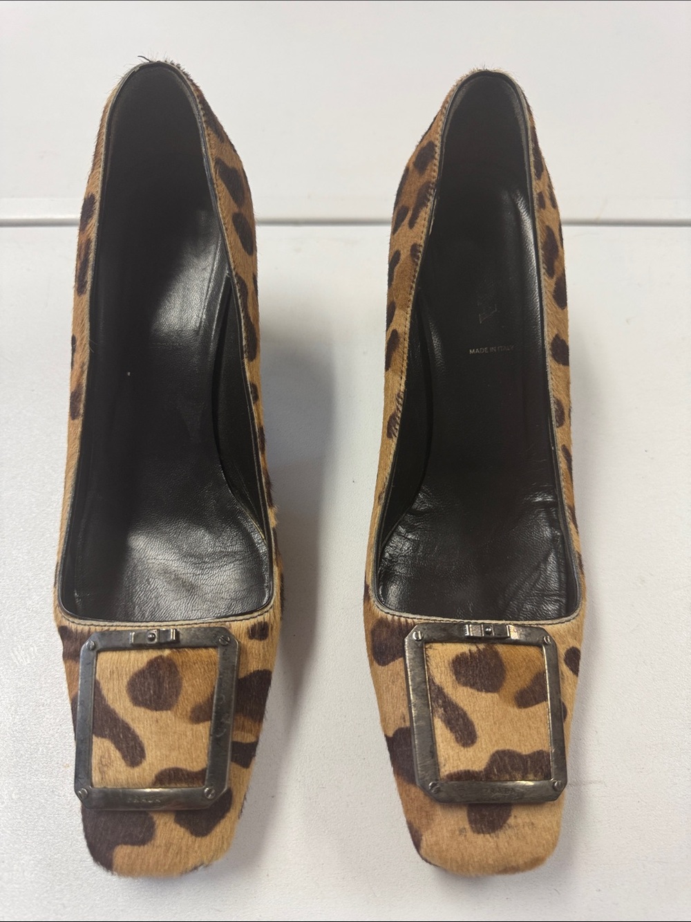 Prada Leopard Print Square-Toe Heels with Front Buckle - Brown & Black
